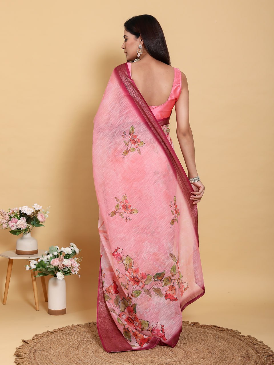 Elegant Rose Pink Floral Linen Cotton Saree | Rich Magenta Jacquard Border
